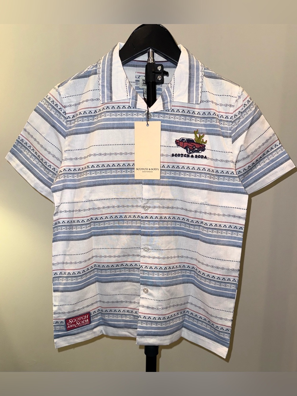 Scotch & Soda dobby camp shirt w/an embroidered car & cactus on front, sz M, NWT